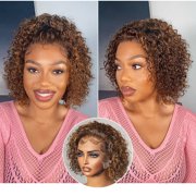 LUVME 8 Brown Highlight Short Cut Slicked Back Deep Curly Ear-to-ear Wide T Lace Wig for Women