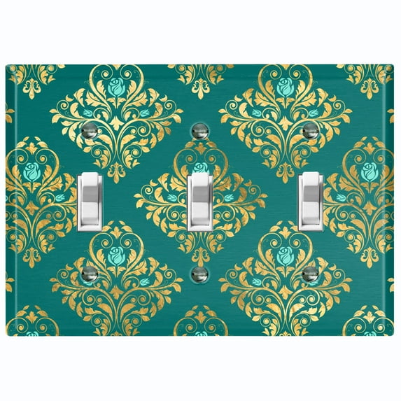 Metal Light Switch Plate Cover Elegant Green Yellow Damask DAM088