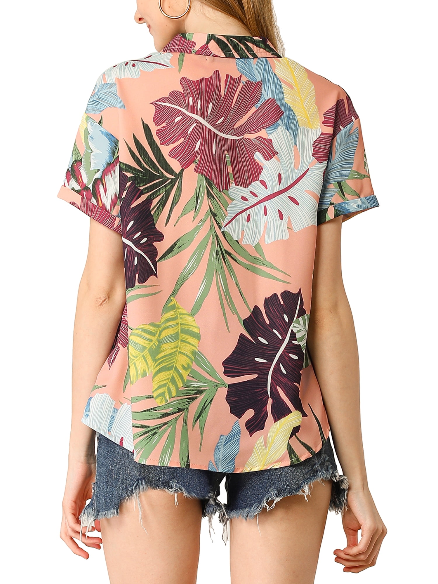 DARING DIVA Floral Leaves Print Short Sleeve Beach Top L Pink