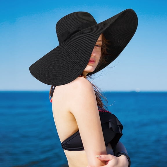 Loritta Sun Hats for Women Wide Brim Straw Embroidered Floppy Foldable UPF 50  Beach Hats, Black