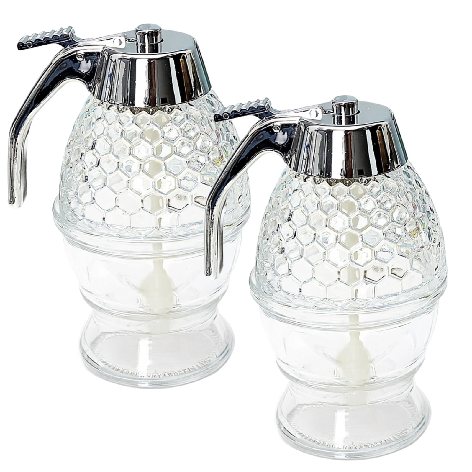 2 Pcs No Drip Honey Dispenser, Clear Plastic Syrup & Jam Container, Easy Pour Maple Syrup Pot with Stand, Airtight Kitchen Organizer