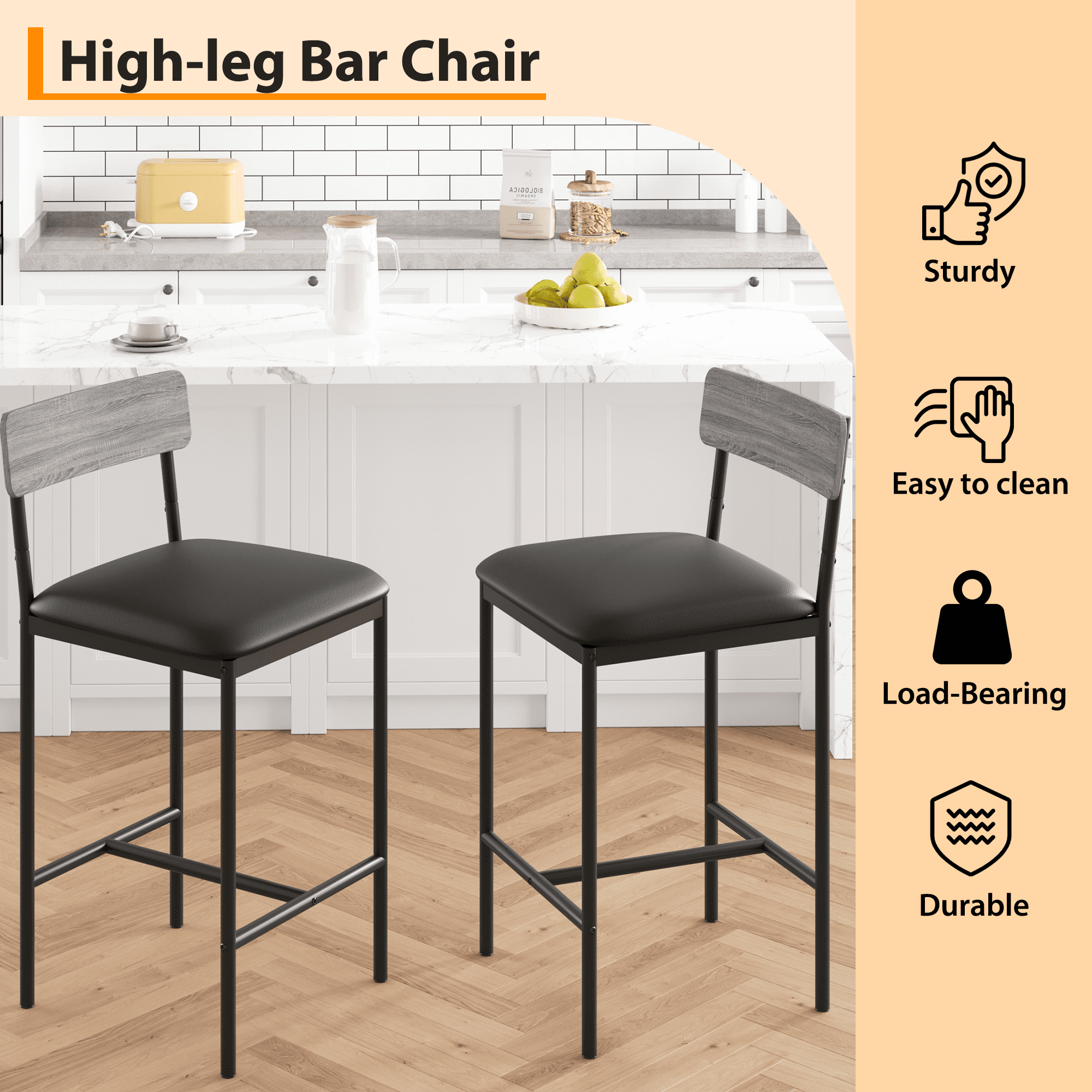 Bar Stools Set of 2,Kitchen Bar Stools with Footrest,25.5 Inches Upholstered Bar Chairs with Back,Counter Height Barstools for Counter Bar,Island,Easy Assembly