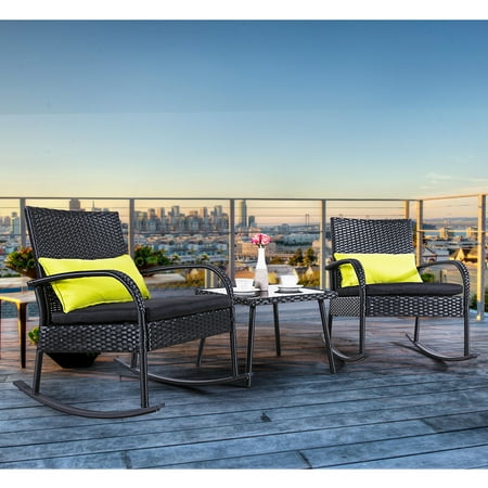 Cloud Mountain Outdoor Furniture 3 Piece Wicker Rattan Outdoor Rocking Chair Black Rock Bistro Set Comfortable Modern Easy Assembly Patio Lawn Garden