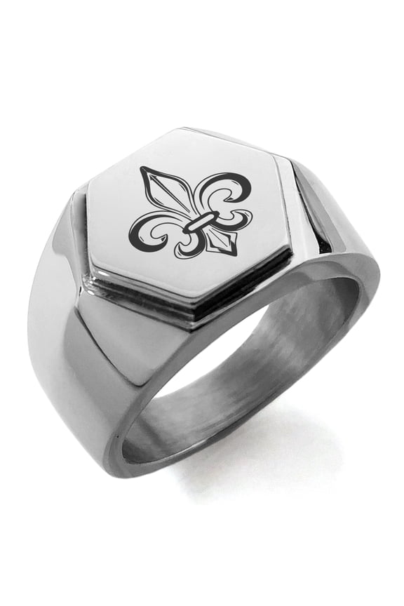 Stainless Steel Valorous Fleur De Lis Engraved Hexagon Crest Flat Top Biker Style Polished Ring