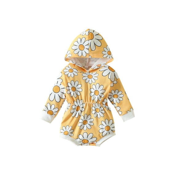 Qmyliery Baby Fall Winter Hooded Romper, Long Sleeve Elastic Waist Daisy Print One-Piece Bodysuit,0-24 Months