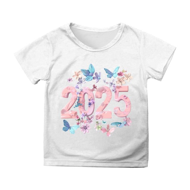 Toimothcn T-Shirts pour Bébés Filles Décontractés 2025 Bonne Année Lettre Imprimée Manches Courtes Col Rond Tee-Shirt Doux Confortable Vêtements d'Été pour Filles 12-13 Ans
