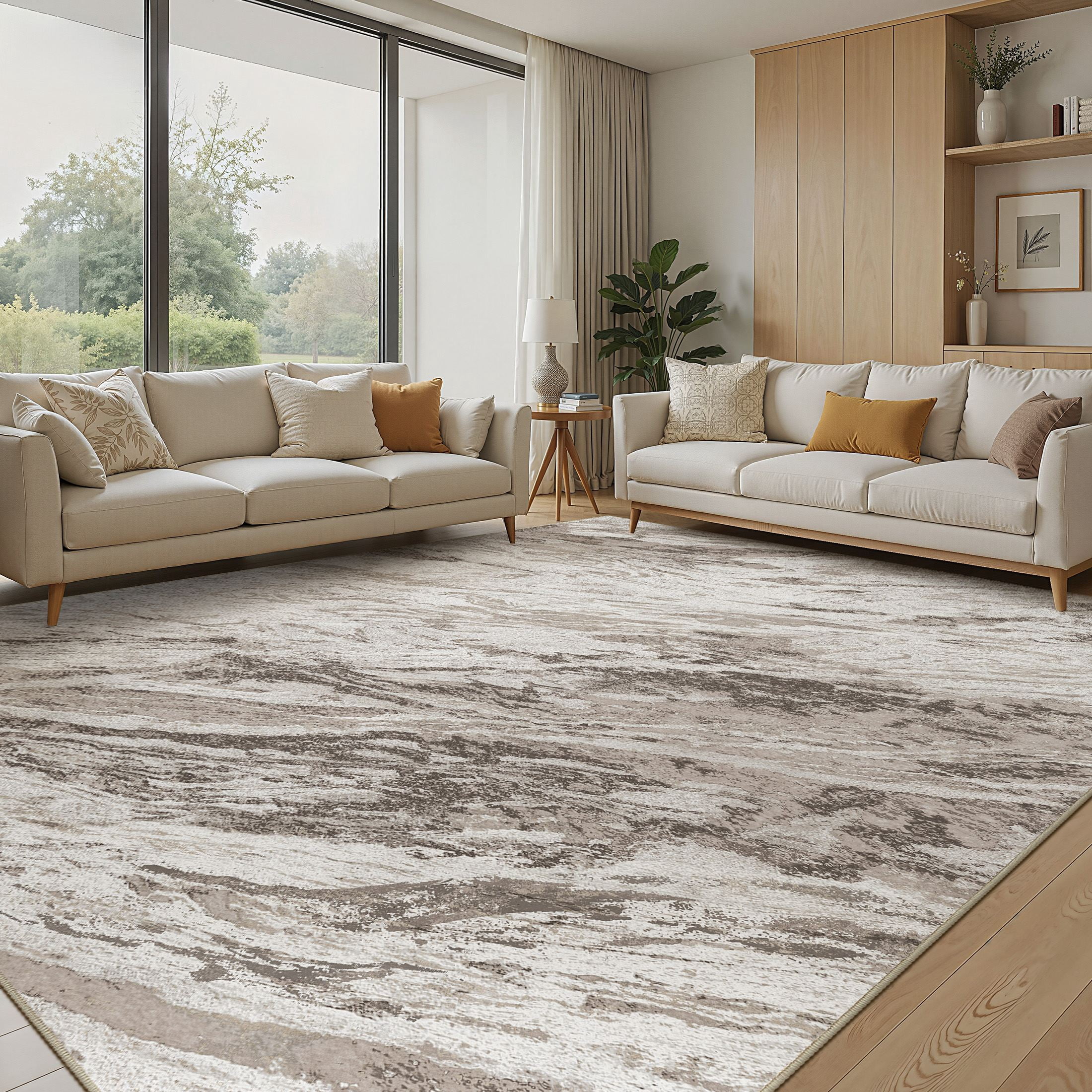MICGEEK 9x12 Washable Area Rugs for Living Room, Modern Abstract Printed Rug, Vacuum-Friendly, Non Slip Indoor Rug for Bedroom Dining Room Home Decor Carpet, Brown