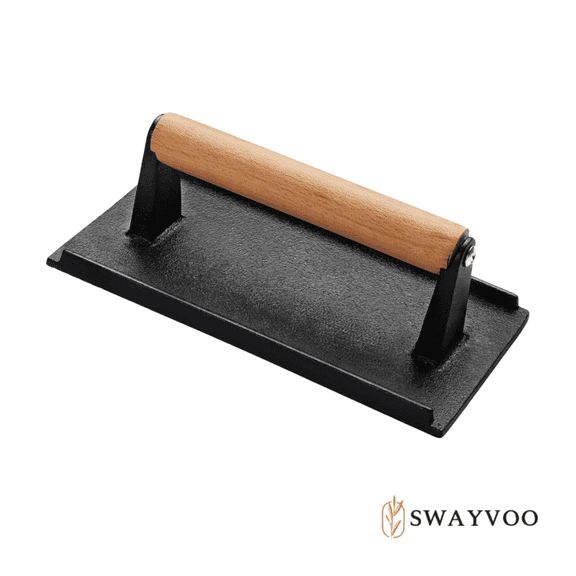 Swayvoo Smash Burger Press, 7" Heavy-Duty Cast Iron Burger Smasher for Griddle, BBQ & Grill — Bacon Press, Steak, Sandwiches, Wooden Handle, Pre-Seasoned