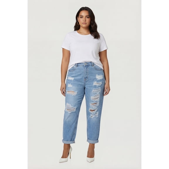 Women's Plus Size WAX Rolled Cuff Distressed Mom Jeans