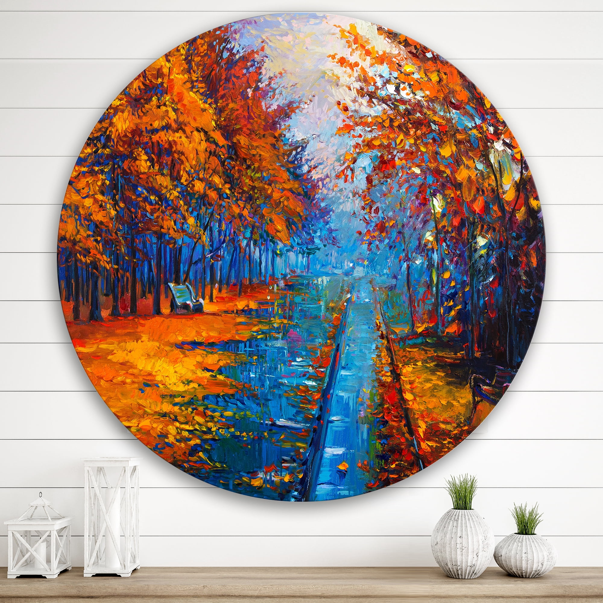 Designart 'Orange Autumn Landscape With Little Road II' Traditional Circle Metal Wall Art 36x36 - Disc of 36
