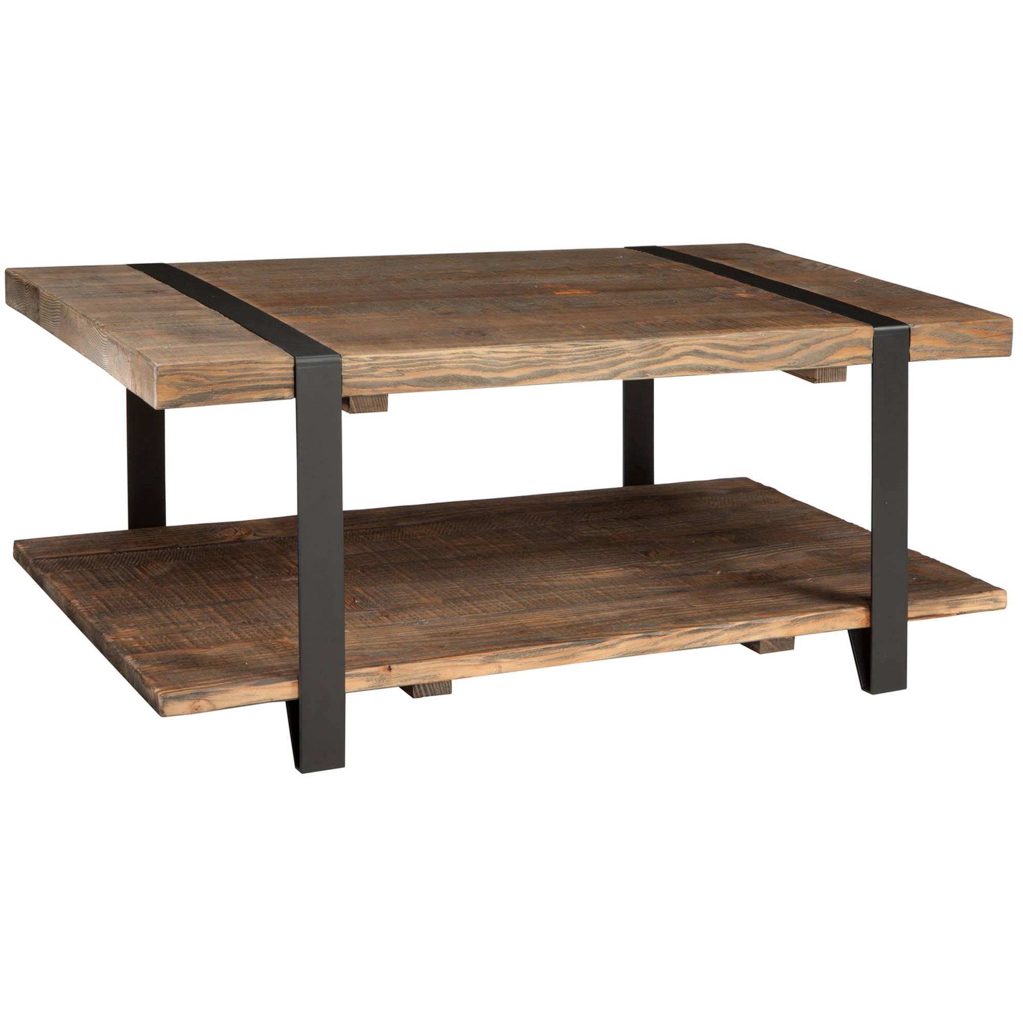Alaterre Furniture Modesto 42 in. Solid Pine Wood Coffee Table Durable Unique Wrapped Metal Strap Design Ideal for Living and Office Spaces Rustic Natural