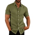 thumbnail image 2 of Basic Mens Short Sleeve Cotton Linen Shirt Button Up Turn Down Collar Casual Summer Beach Vacation Breathable Solid Shirt Army Green M, 2 of 5