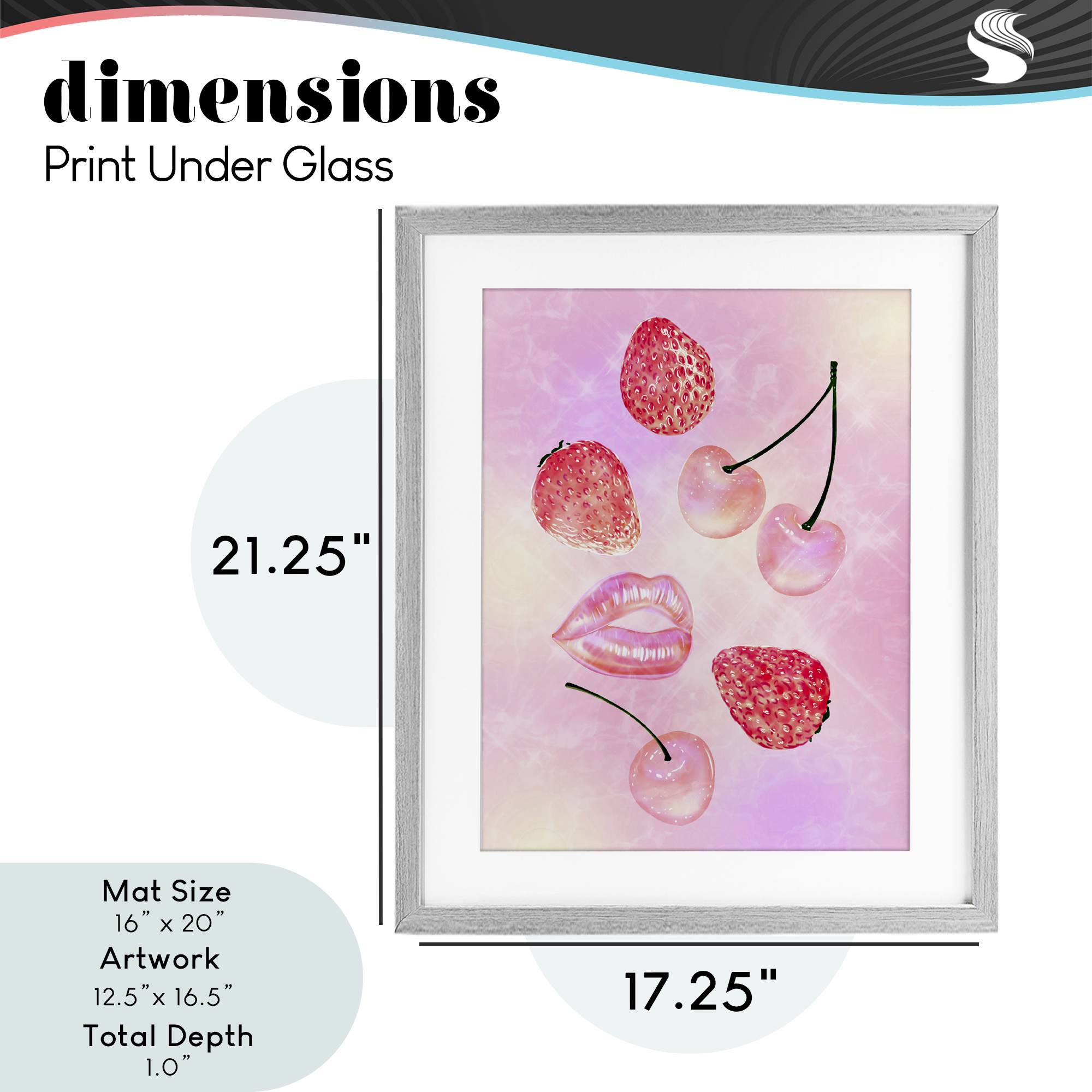 Pink Fruits and Kisses Gray Framed Print Under Glass, design by Ziwei Li
