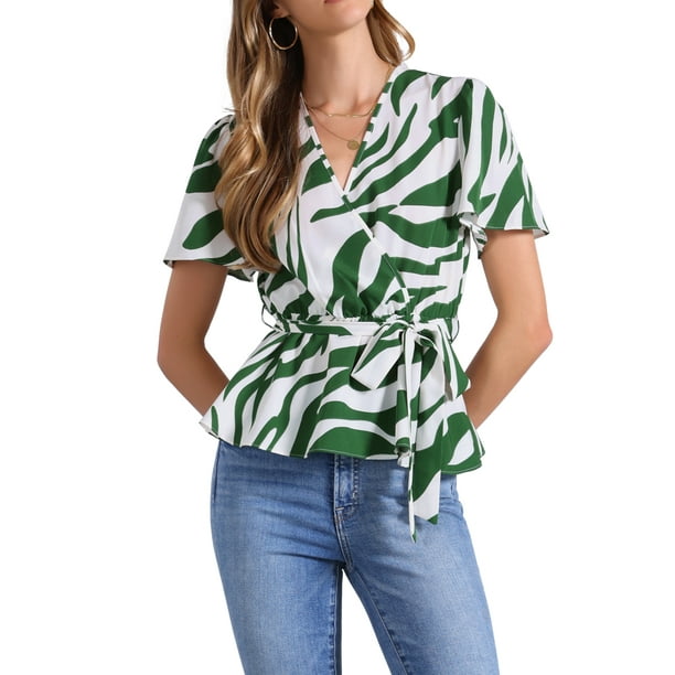 BLUSA ELEGANTE CHIC con Volantes para Mujeres, Cuello en V, Cintura Elástica, Cinturón, Color Verde Blanco