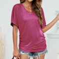 thumbnail image 2 of LOVZFMLL Women's T-Shirts Short Sleeve V Neck Tops with Side Shirring Loose Fit Shirts Summer Casual Solid Basic Tees Hot Pink S, 2 of 6