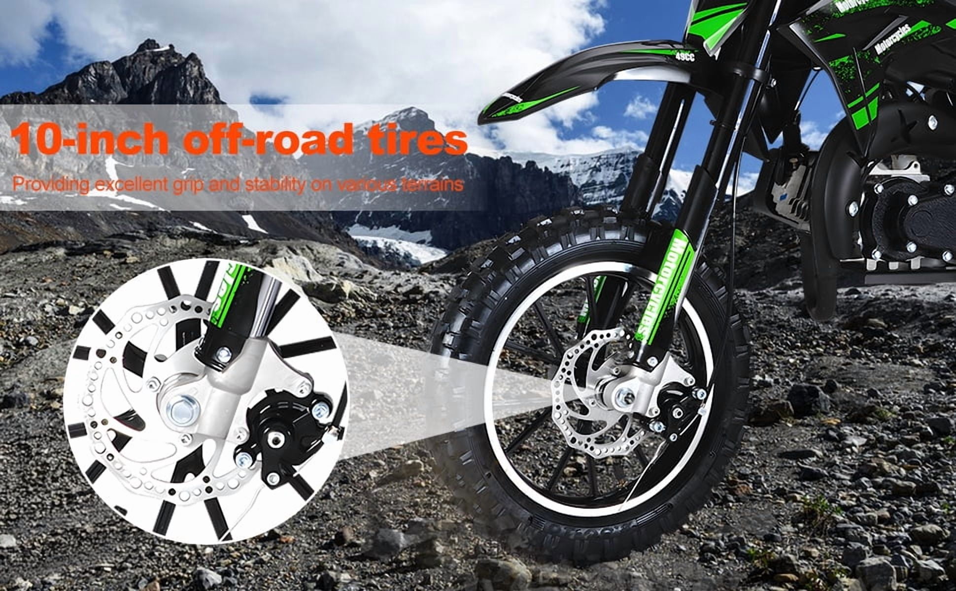 Korogimeeet Gas Powered Green Mini Dirt Bike 49cc 2-Stroke, Inverted Hydraulic Shock Absorption, 10 Inch Tires, Dual Disc Brakes, 25 Mph Max Speed, 330lbs Capacity, 47 x 30 Inch