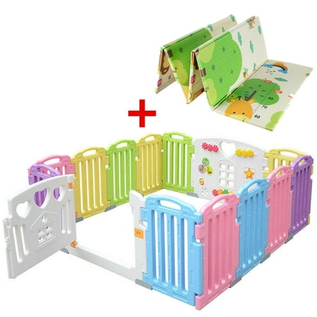 Baby Playpen Kids Play Yard Baby Gates + Double-sided Play Mat