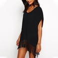 thumbnail image 2 of HNMKIU Swimsuit Coverup for Women Solid Color Crewneck Short Sleeve Tassel Pullover Loose Batwing Chiffon Beach Shirt Bathing Suit Cover Up for Women Z03_Black,One Size, 2 of 6