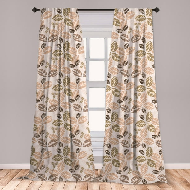 Leaf Curtains 2 Panels Set, Floral Abstract Pattern Leaf Silhouettes in
