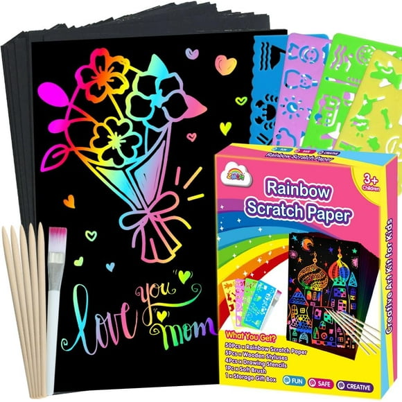 ZMLM Scratch Art Crafts Girls Gifts, 60PCS Rainbow Scratch Paper Art Gifts for 3 4 5 6 7 8 9 10 Years Old Girls and Boys Kids, Mother Day Crafts for Kids Birthday Toys and Games Activities Gift (Pink)