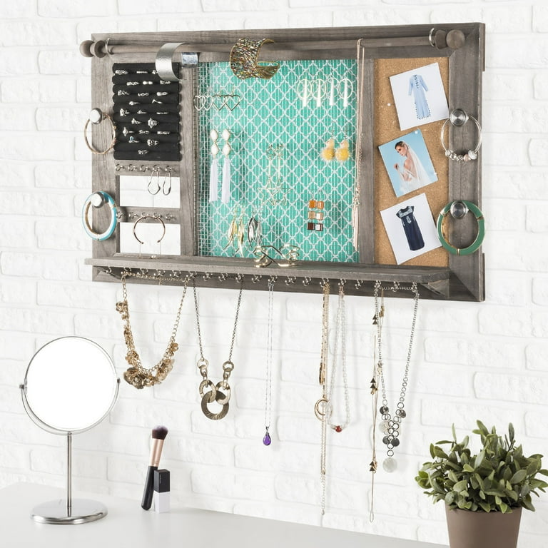 Jewelry Organizer Necklace Holder Wall Mounted Rustic Wood 