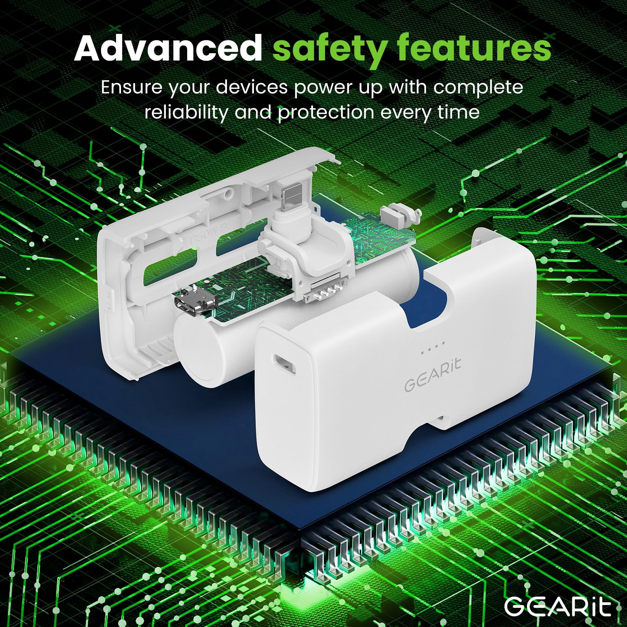 GEARit 5000mah Power Bank - Dual Output, Mini Battery Pack with Integrated USB-C and Lightning Connectors - Compact, Small Portable Charger Compatible - White