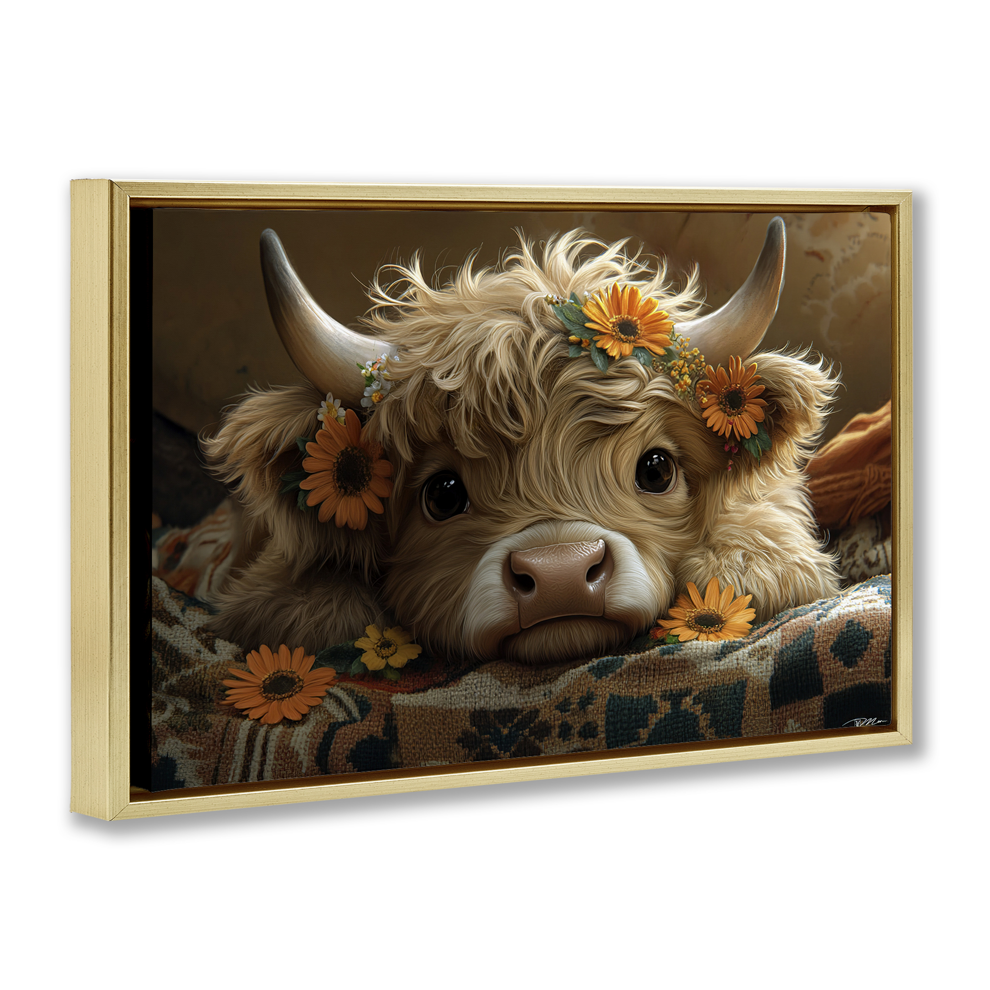 Adorable Flower Bedecked Cattle Gold Framed Floater Canvas Wall Art, design by Momart