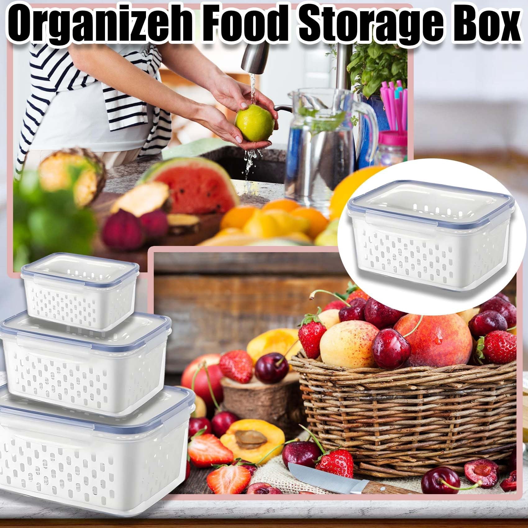 4 in 1 Food Storage Container, Produce Keeper Containers for Fridge, Household Transparent Plastic Food Storage Box-Including Drain Basket, For Vegetable and Berry, Kitchen Organizer