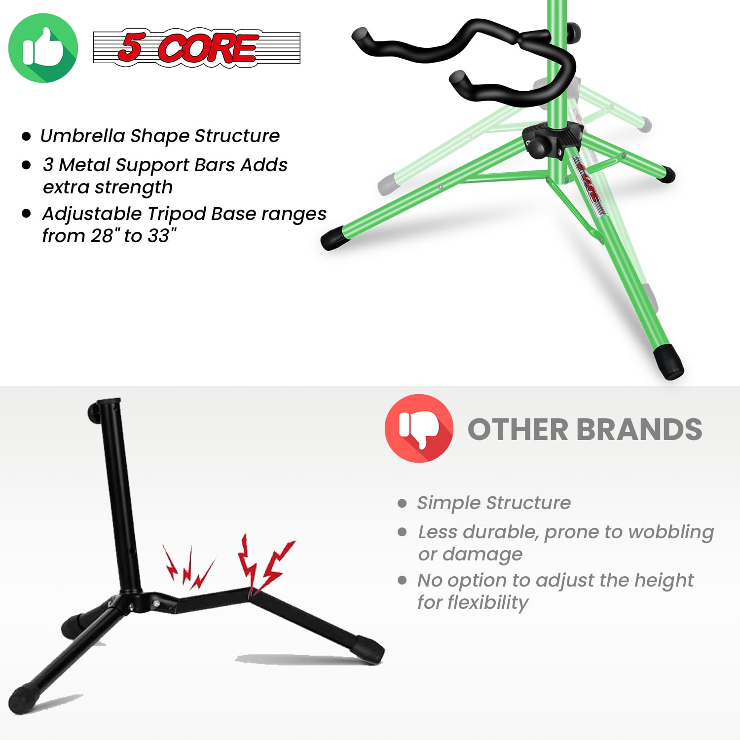 5 Core Guitar Stand Floor Adjustable Heavy Duty 2pcs w Neck Holder Universal Supports for Acoustic Electric Classic Bass Instrument Folding Portable Green - GSH HD GR 2pk