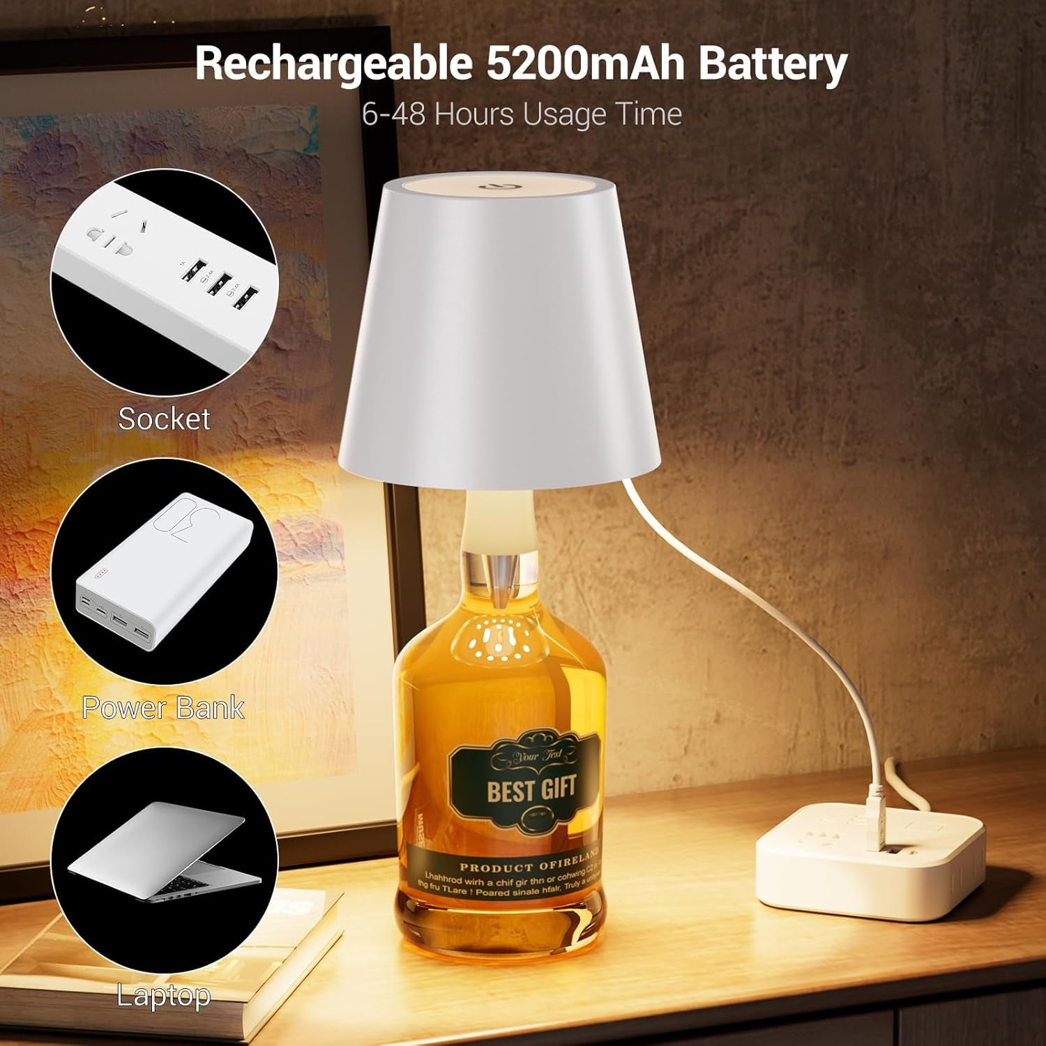 Bottle Lamp,  Bottle Lamp Shade with 3 Color Temperature,  Stepless Dimming   Bottle Lights for Any Bottle, Desk Lamp for  Restaurant Bar - White