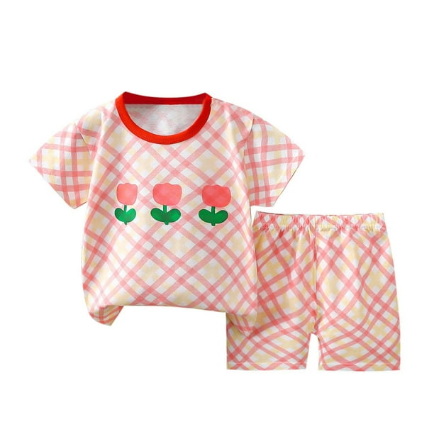 Odeerbi 2-10 Años Conjunto de Verano Para Niñas Camiseta Corta de Algodón A Cuadros Conjunto de Dos Piezas