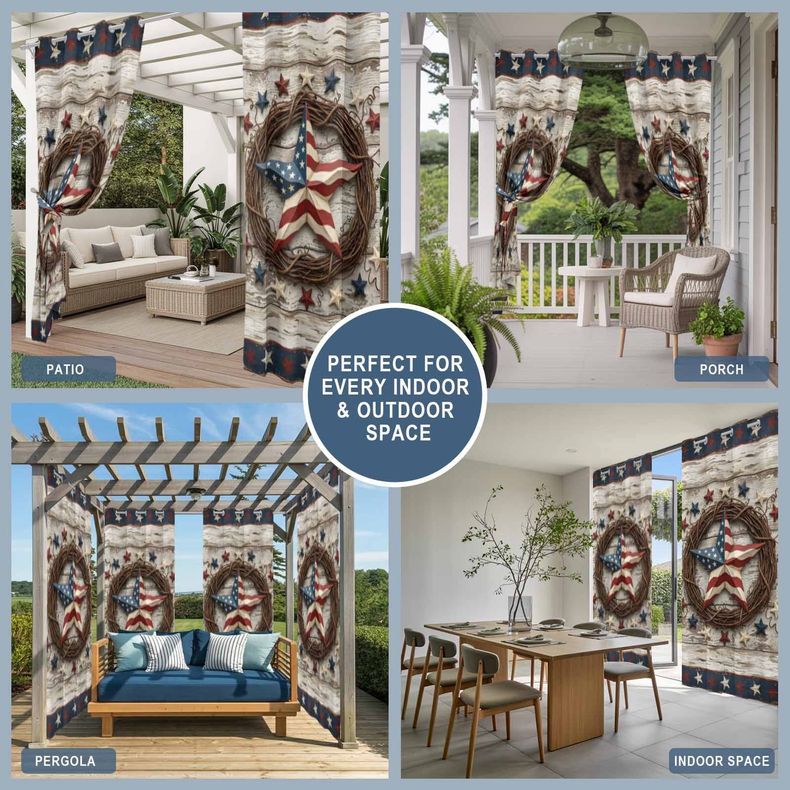 Independence Day Outdoor Curtains for Patio, Usa Flag Stars Vine Wreath Rustic Wood Grain Sunshade Privacy Drapes Grommet Waterproof Outside Curtains for Porch/Cabana/Balcony 54"x 108", 1 Panel