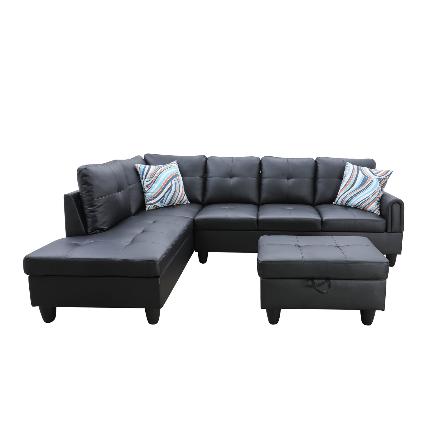 Hommoo Faux Leather 3-Piece Couch Living Room Sofa Set, L Shaped Couch for Small Space, Black(Without Ottoman)