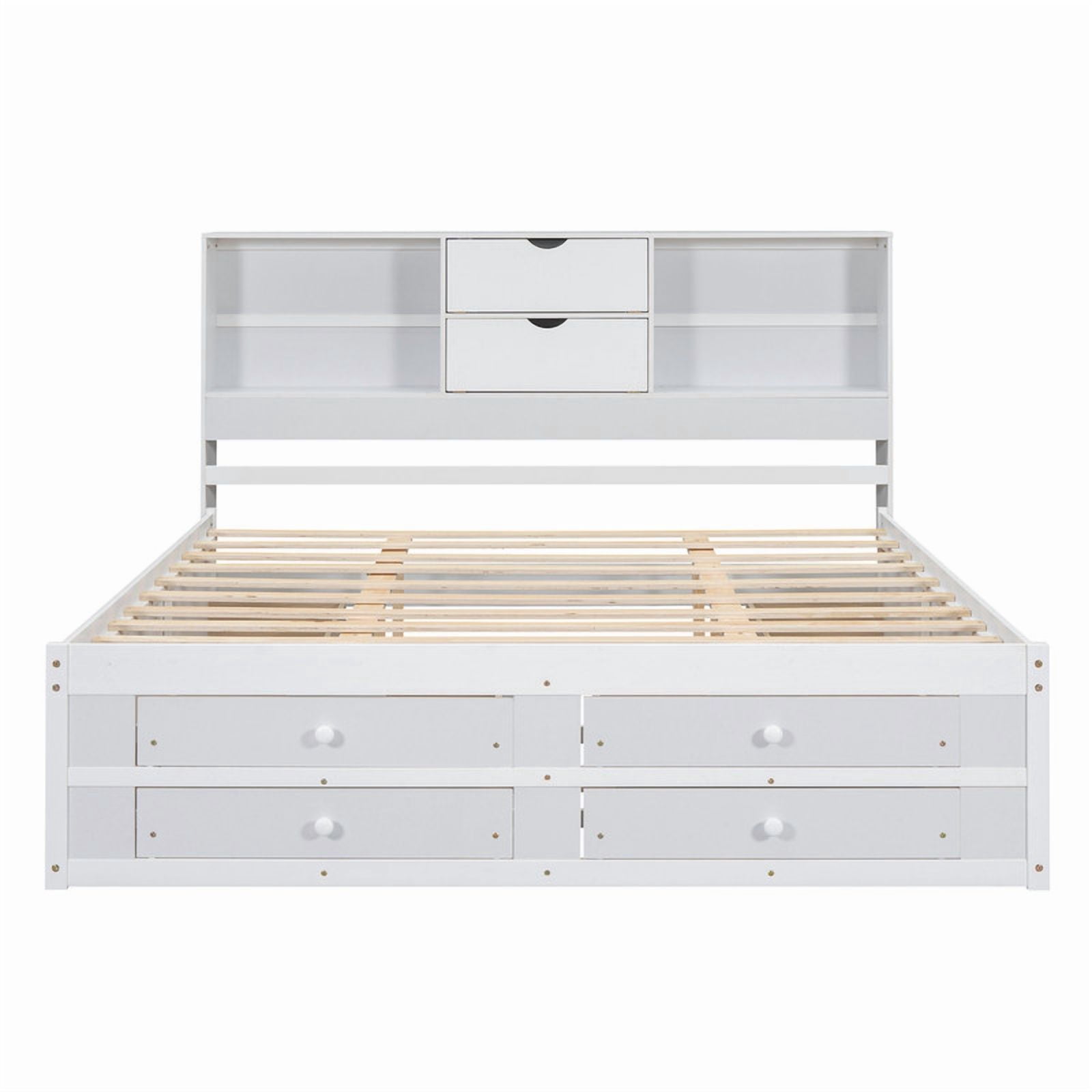 King Size Platform Bed with Bookcase Headboard, Storage Wooden Bed Frame with 8 Drawers