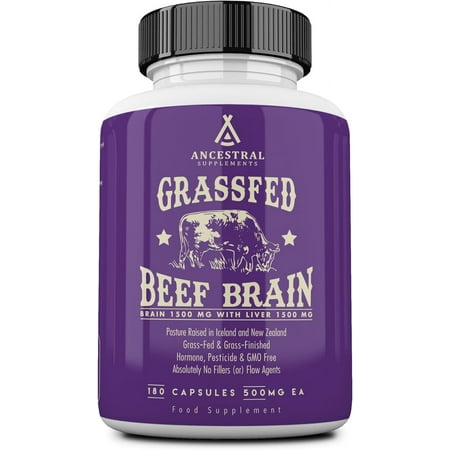 Ancestral Supplements Grass Fed Beef Brain Supplement with Beef Liver, Whole Food Brain Support Promotes Brain, Mood, and Memory Health, Brain and Liver Health Formula Capsules, Non-GMO, 180 Capsules
