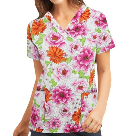 

QAZXD Women Short Sleeve V Neck Tops Working Scrub Tops Blouse White