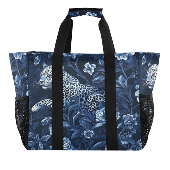 Large Hand-Held Storage Bag Kitchen Reusable Grocery Bags， Travel Tote Bags， Waterproof Tote，Laundry Bag，Beach Bag， Pool Bag Dark Blue Flowers and Leopards