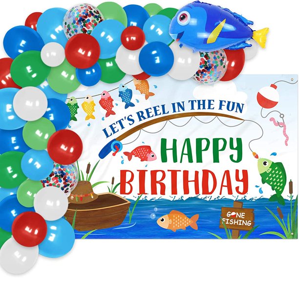Gone Fishing Party Balloons Garland And Happy Birthday Banner Backdrop Set Kids Birthday Decorations Kit Catch Of The Day Scene The Big One Party Photography Background Ideas Supplies 4 7x3 3ft Walmart Com