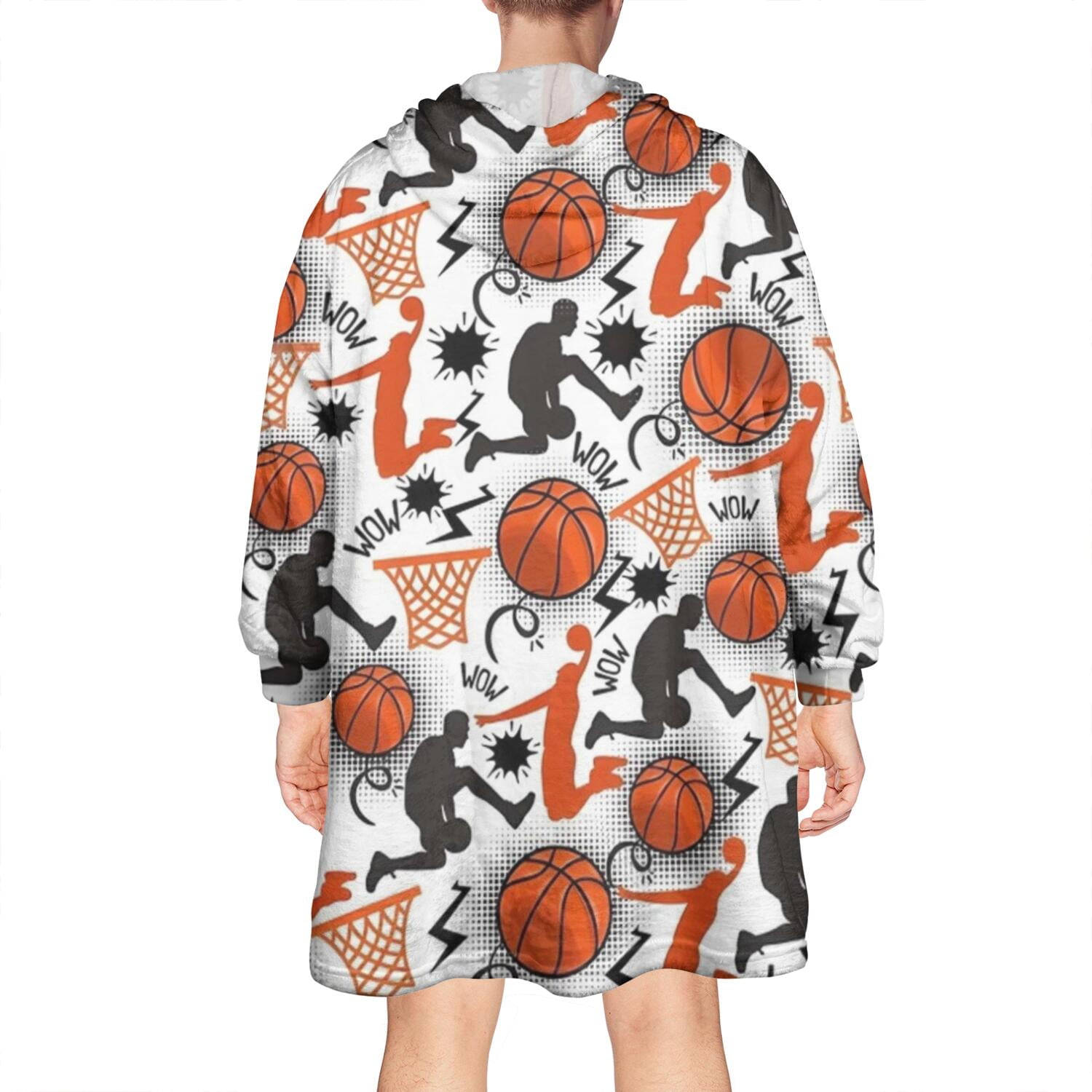 Orange Basketball Players Pattern Wearable Oversized Blanket,Wearable Blanket Hoodie for Adults,Cozy Hooded Blankets with Super Pockets,Super Warm Fuzzy Pullover for Women & Men