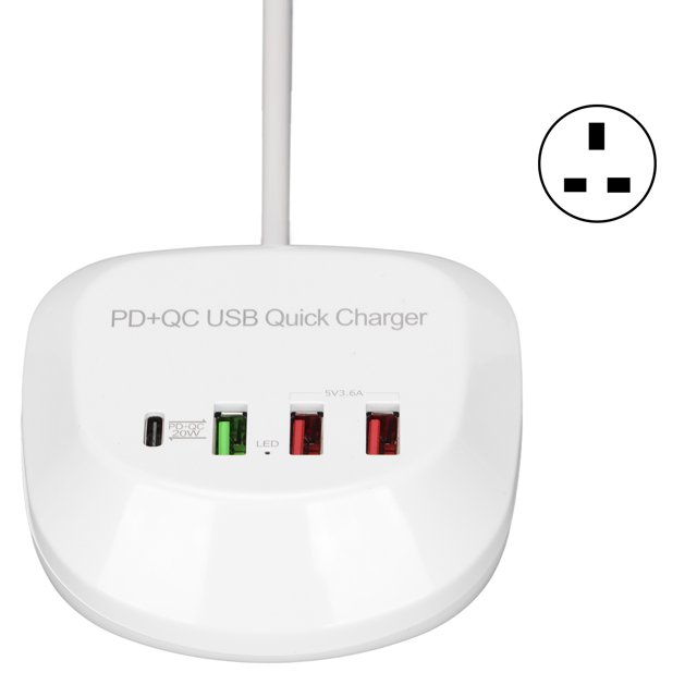 Cargador multipuerto con enchufe USB T3P, concentrador de cargador USB PD QC3.0 multifuncional de 4 puertos, enchufe 100-240VUK