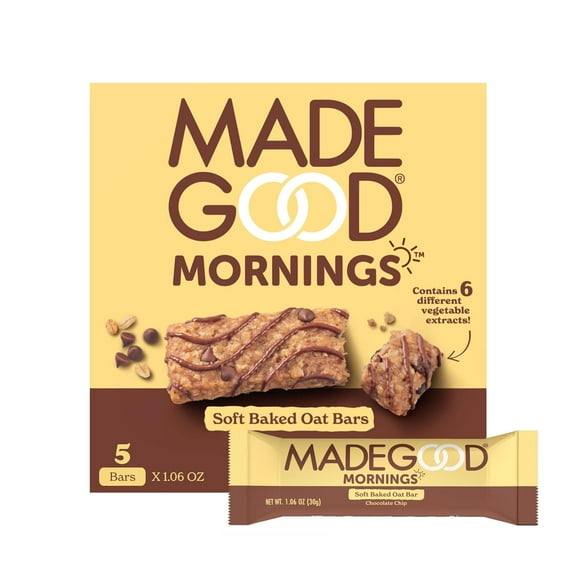 Pack of 6, Madegood Mornings Chocolate Chip Soft Baked Oat Bars, 5.3 oz