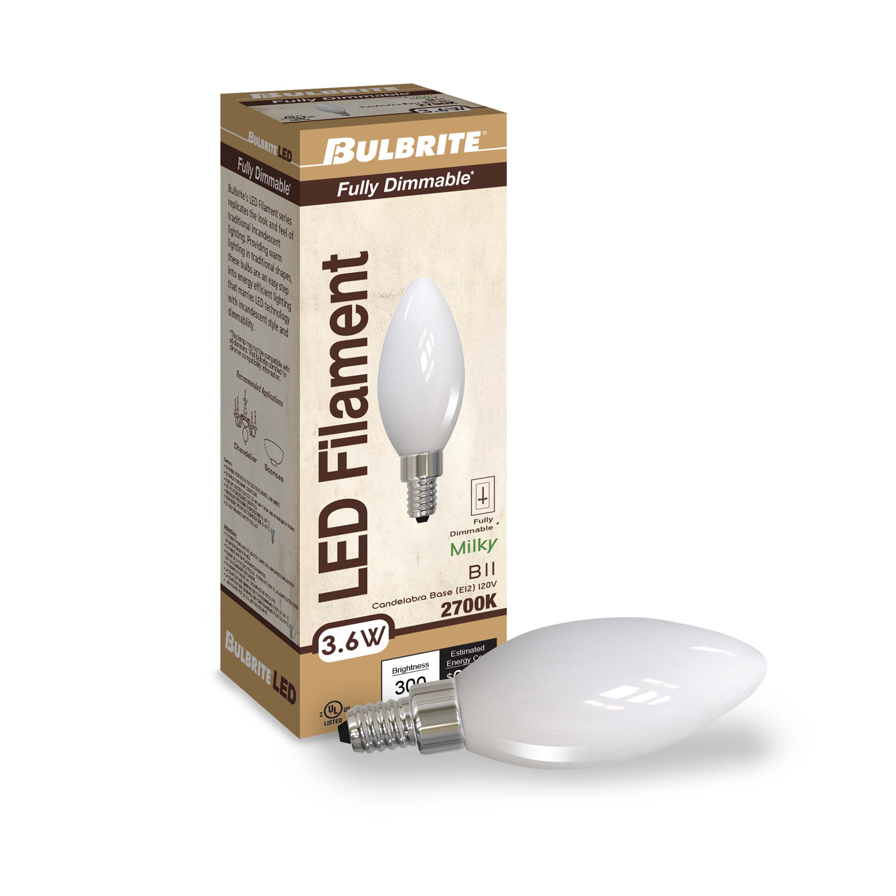 Bulbrite Pack of (4) 3.6 Watt Dimmable Milky Finish B11 Candelabra (E12) LED Light Bulb - 300 Lumens, 2700K