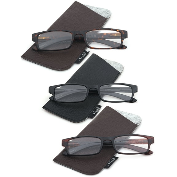 Newbee Fashion Reading Glasses Simple Rectangular Slim Frame 3 Packs with Pouch Spring Hinge Readers Men Women 1.00