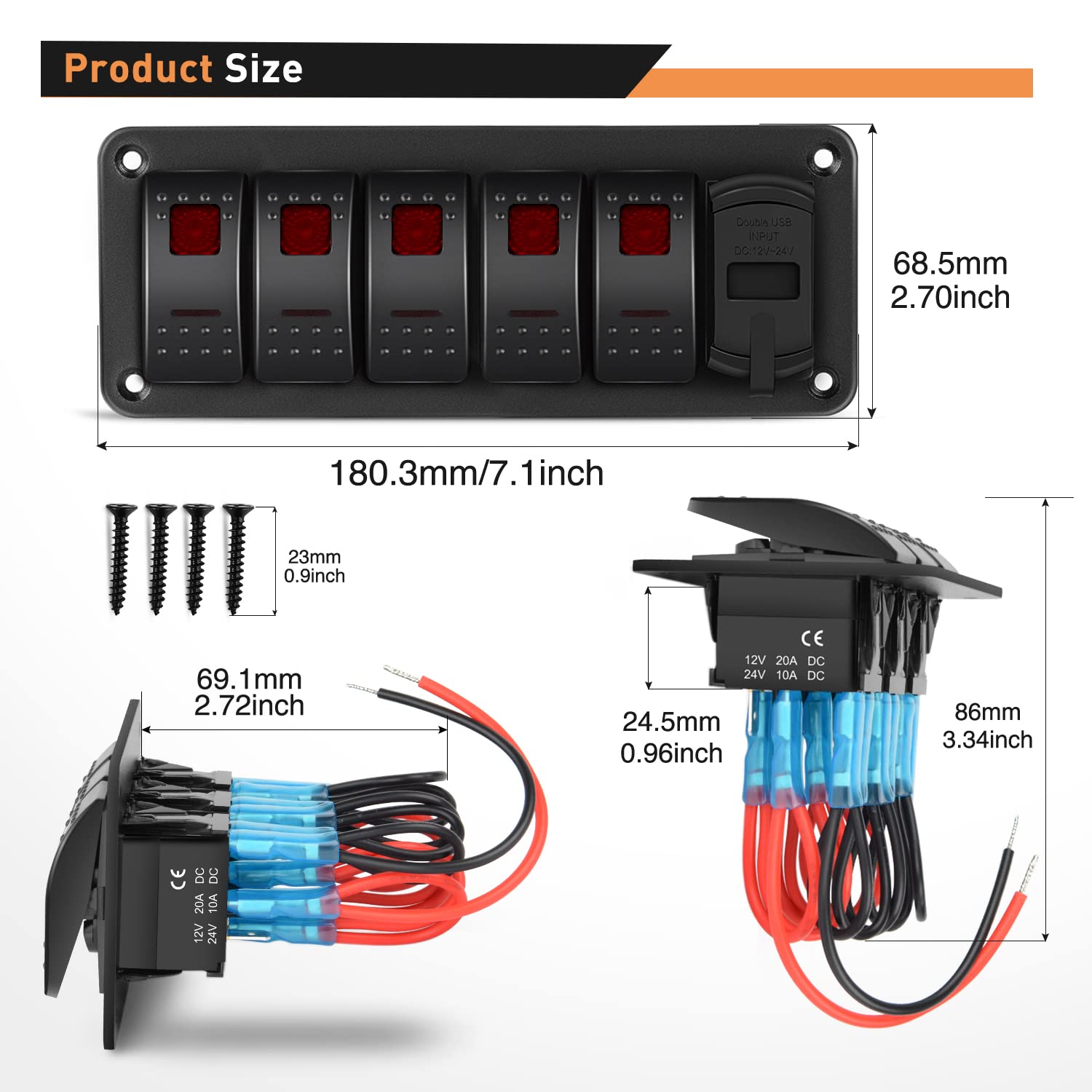 Waywe 5 Gang Rocker Switch Panel Red Backlit with 4.8 Amp Dual USB Charger Voltmeter Waterproof 12V 24V DC Rocker Switch for Car Trucks Boats RVs
