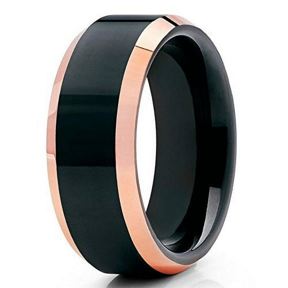 Silly Kings 8mm Rose Gold Tungsten Carbide Wedding Band Polished Black Finish Beveled Edges Unisex Ring 9.5