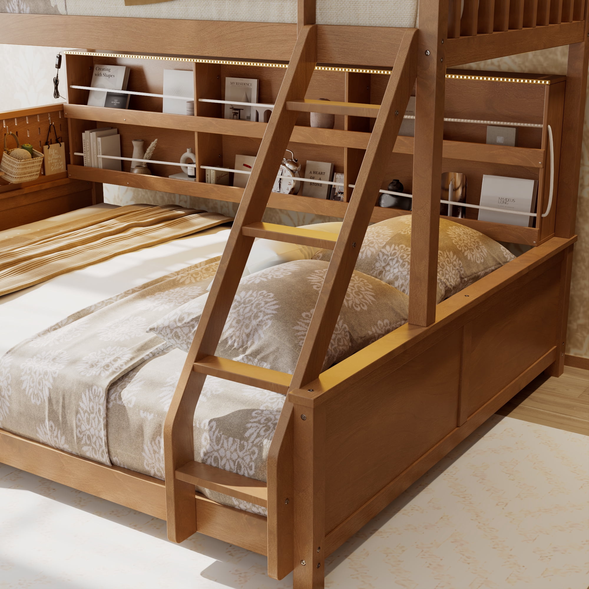 Leumius Twin XL over Queen Bunk Bed with Integrated Shelving, Color-Changing Lights and Pegboard for Boys Girls Brown