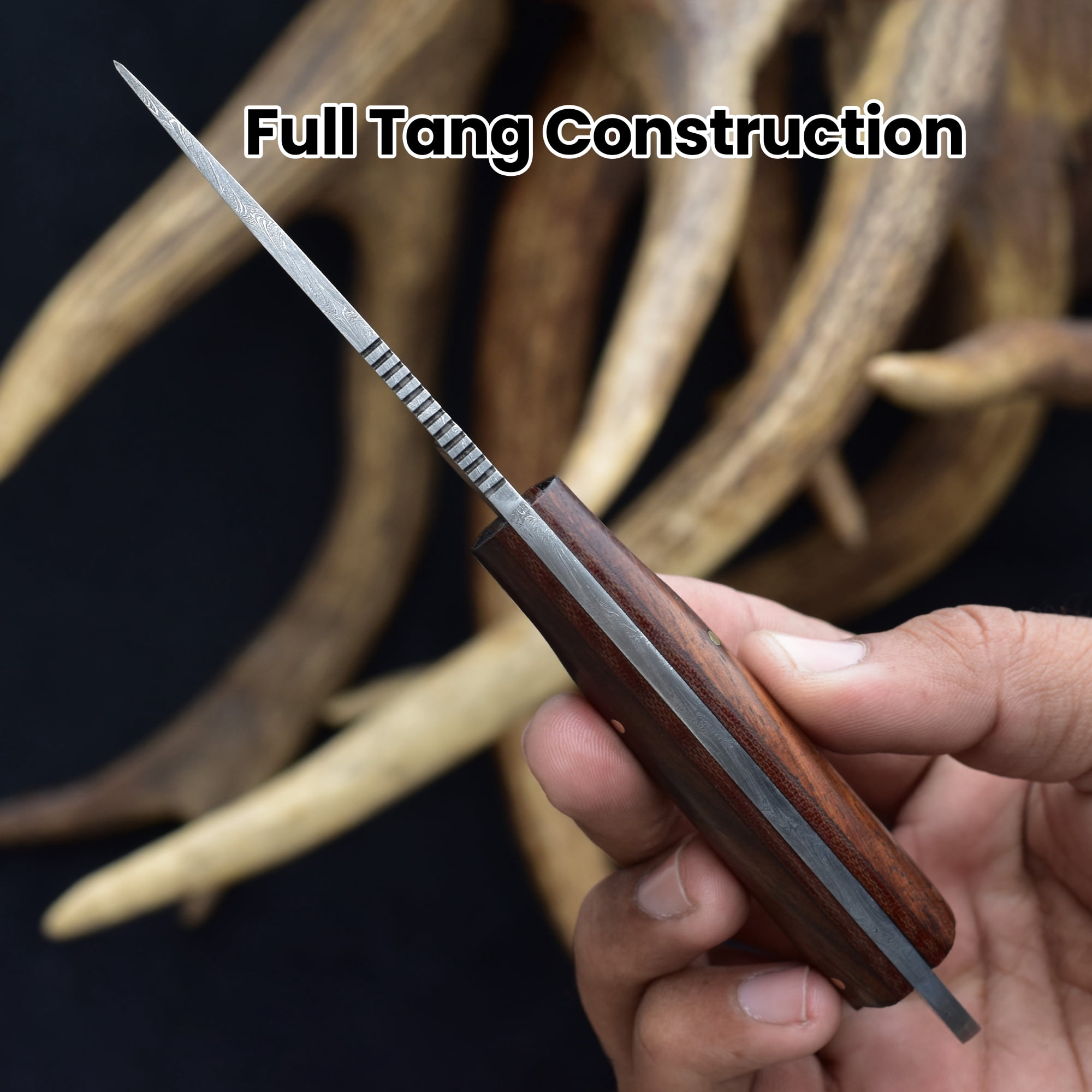 Knives Ranch Model 2001 Damascus Steel Fixed Blade Knife with Rosewood Handle – Durable Hunting, Camping, Outdoor Utility & EDC Knife