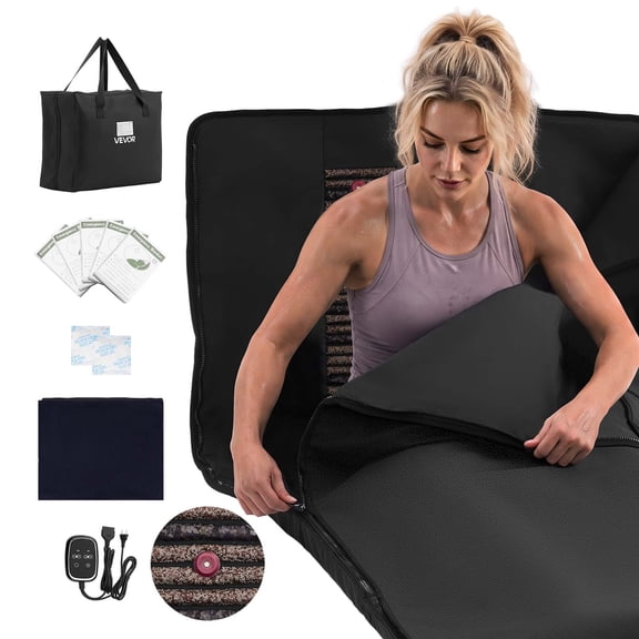 VEVOR Infrared Sauna Blanket with Mineral Stones, 73 x 35 in Sauna Bag, Zero EMF, Portable for Home Detox and Relaxation, Temperature Control & Timer, PU Leather Heating Wrap, Carry Bag, Black