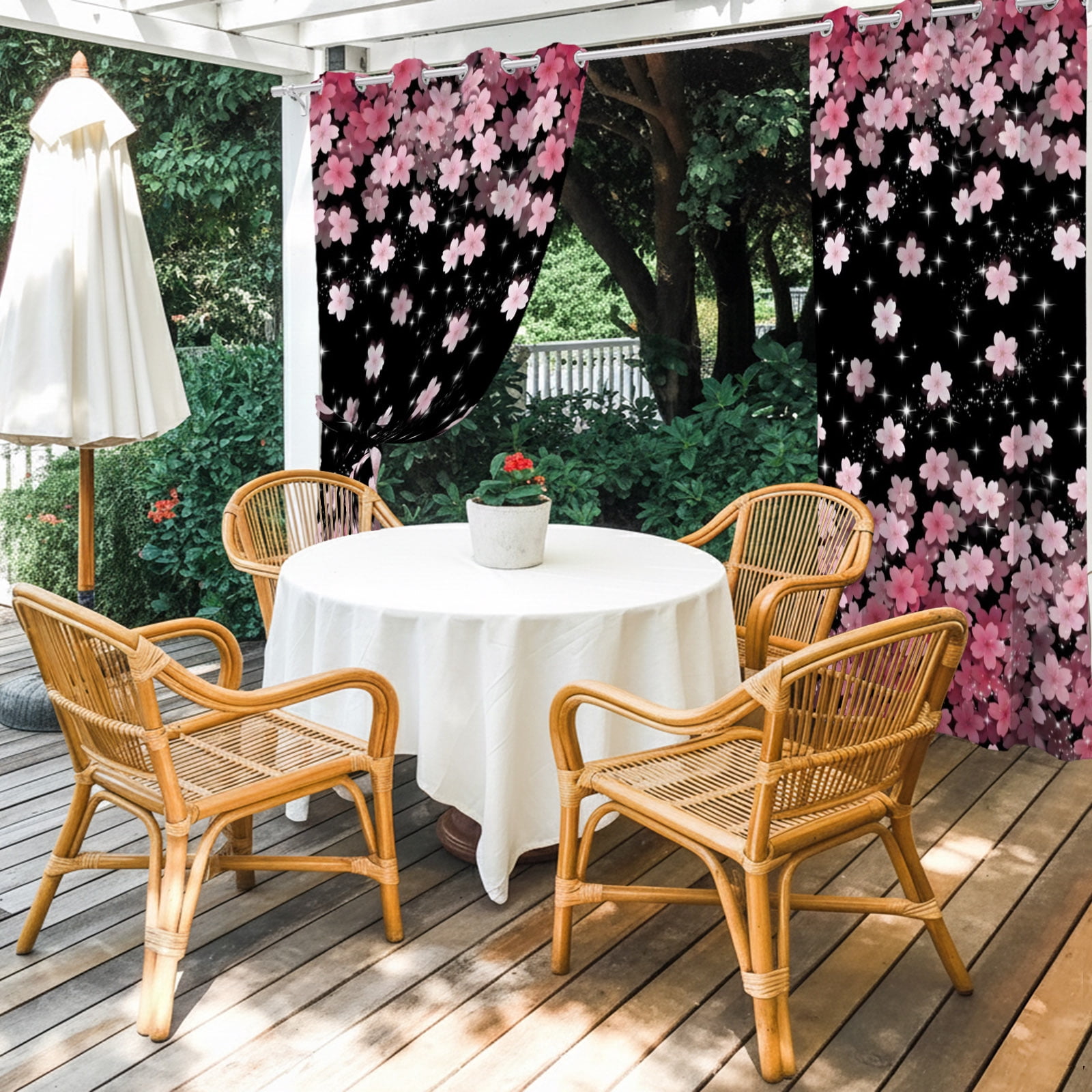 Cherry Blossom Outdoor Curtains for Patio, Pink Gradient Floral Botanical Sunshade Privacy Drapes Grommet Waterproof Outside Curtains for Porch/Cabana/Balcony 54"x 108", 1 Panel