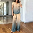 thumbnail image 4 of Cagogo Women Plus Size 2 Piece Outfits Summer Vacation Set Loose V Neck Short Sleeve Tshirt Wide Leg Pants Casual Cruise Travel Lounge Tracksuits Boho Gradient Matching Sets, Beige L, 4 of 6